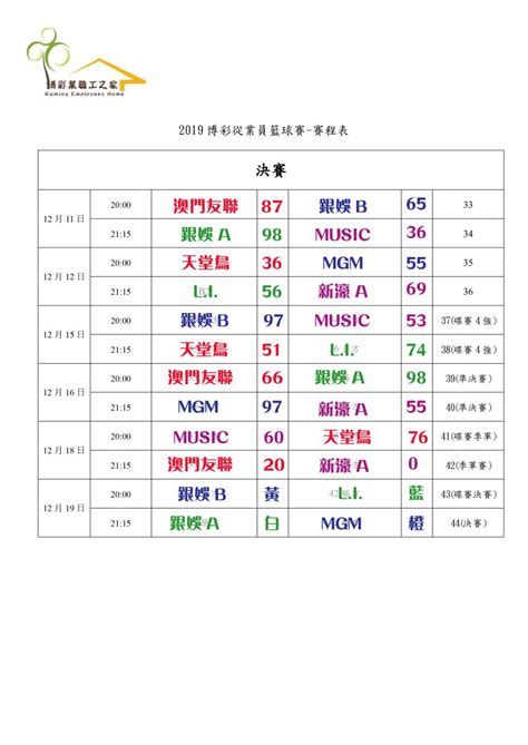 2019博彩從業員籃球賽賽程表分組比分記錄12 17更新 澳門博彩業職工之家