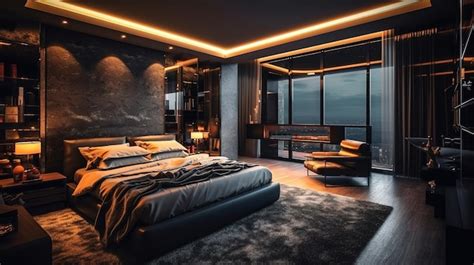 Premium AI Image | A bedroom with a large bed and a large window.