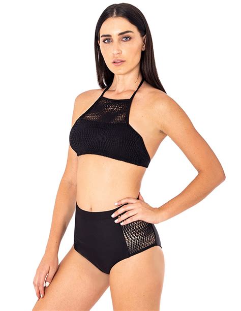 Traje de Baño Dos Piezas Conjunto Bikini Negro para Mujer Bañador Halther Y Cintura Alta