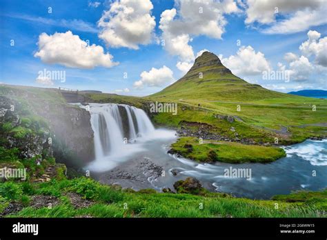 landscape view of Kirkjufellsfoss In the daytime, blue sky and ...