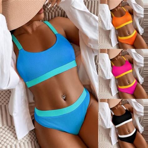 Stylish Color Block Bikini Set Ribbed Knit Swimsuits In Vibrant Colors