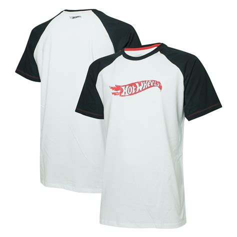 Camiseta Hot Wheels Logomania Logo Raglan Branca Preta Premium Corporate
