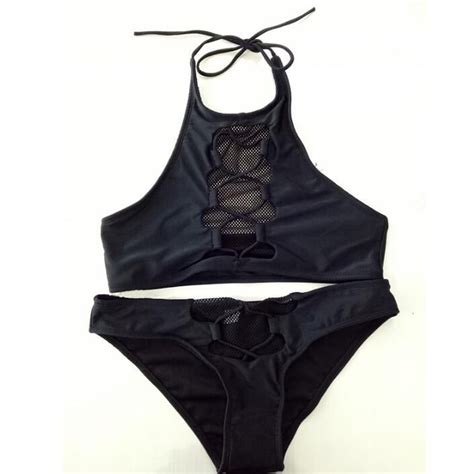 Retro Bikini Set Hollow Out Mesh Transparent Design Triangle Swimsuit Bra Padded