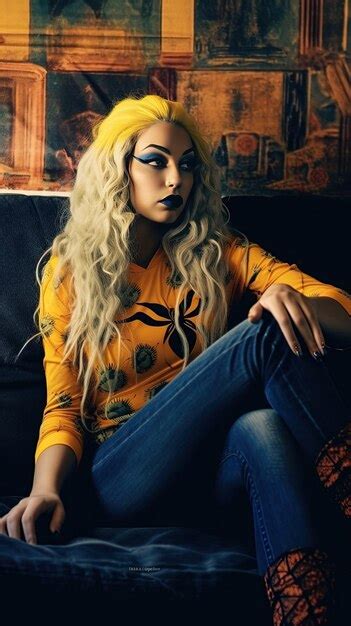 Premium Photo A Woman With Long Blonde Hair And A Yellow Hat Sits On A Couch