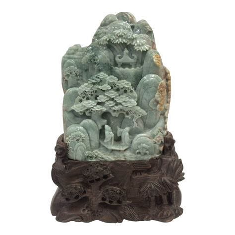 20th Century Chinese Carved Dark Green Jade Mountain | Chairish