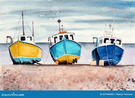 Watercolor Picture Of Three Colorful Fishing Boats Stock Illustration