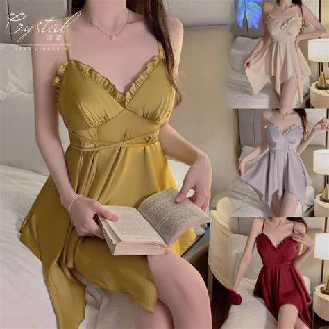 Jual Crystal Sexy Lingerie Dress Wanita Babydoll Baju Tidur Wanita Cup Satin Sleepwear