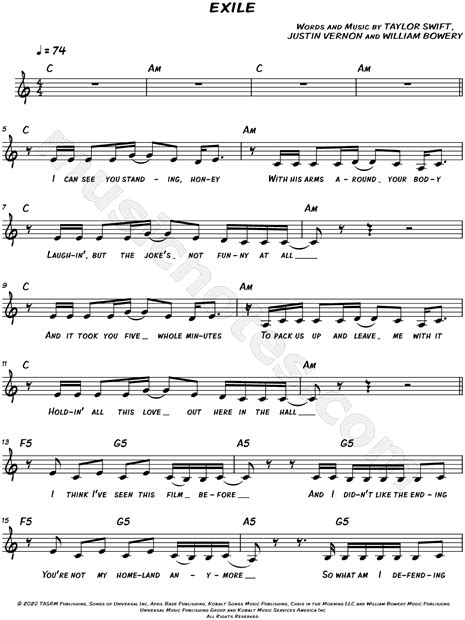 Taylor Swift Feat Bon Iver Exile Sheet Music Leadsheet In C Major