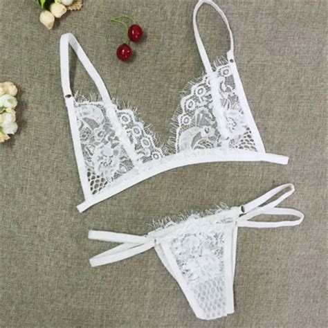 Women Sexy Lingerie Corset Lace Push Up Vest Top Bra Pant Set Underwear Suit Floral Solid White