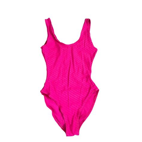 Classic Hot Pink Striped One Piece Swim Tag Says Depop