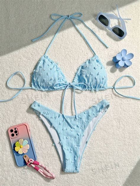 SHEIN Swim Mod Conjunto de bikini texturizado monocromático para mujeres playa de verano Moda