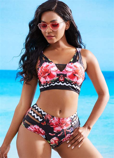 Ladder Cutout Mesh Stitching Floral Print Bikini Set Rosewe Sugar Eg