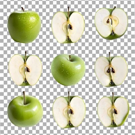 Premium Psd Set Green Apple And Sliced On Isolated Transparent Background