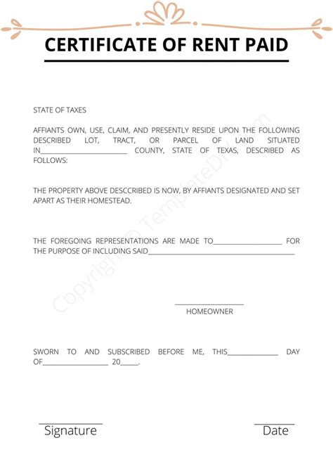 Certificate Of Rent Paid Blank Printable Template In Pdf Word