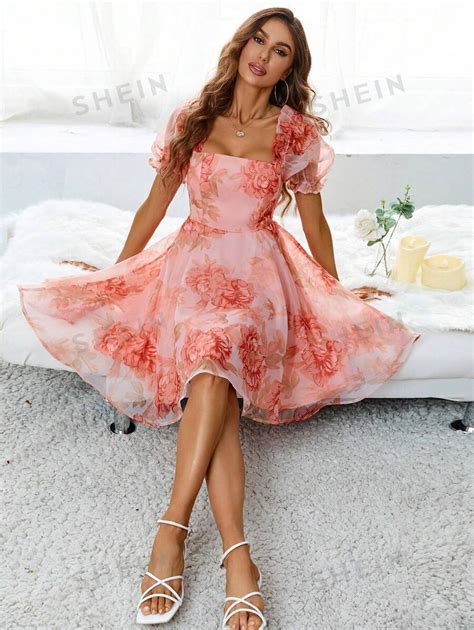 Shein Vcay Robe Imprim Floral Col Carr Manches Bouffantes En