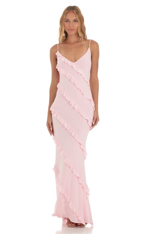 Ruffle Maxi Dress In Pink Ruffled Maxi Dress Cute Prom Dresses Pink