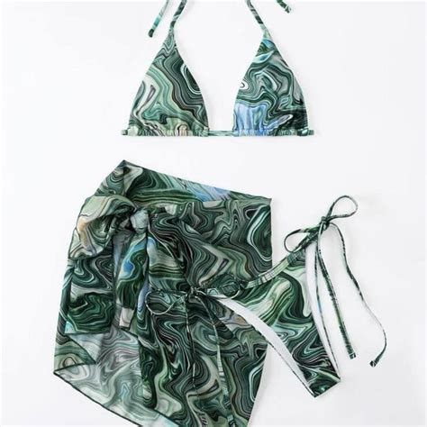 Marble Print Bikini Set Includes Bikini Top Depop