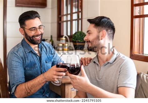 Romantic Gay Couple Celebrating Drinking Wine Stock Photo 2245795105 Shutterstock