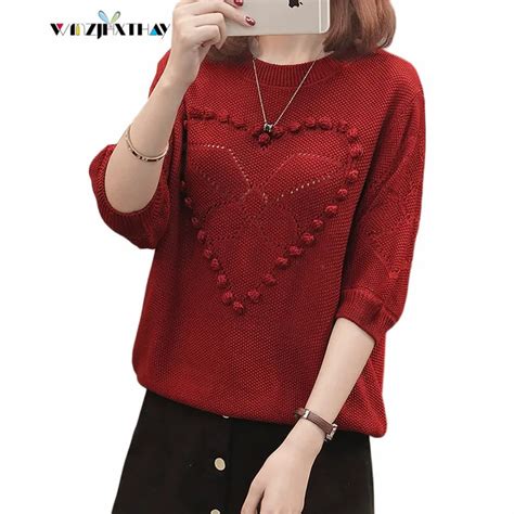 Round Hollow Sweater Thin Pullover 3 4 Sleeve Knitting Unlined Top 2018