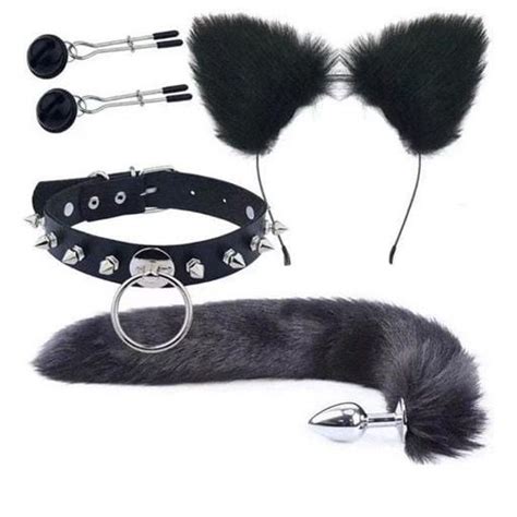 Raposa Conjunto Plug Anal Calda Coleira Spikes Tiara Prendedor De Mamilos Sino