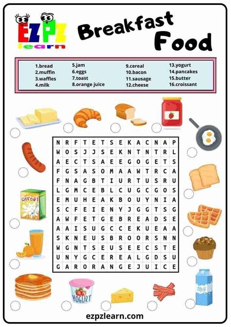 Free Printable Word Search English Game Worksheets Topic Breakfast Food