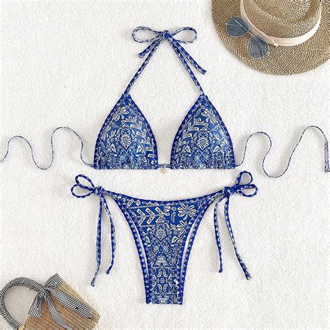 HHH Swimsuit 2025 New Print Halter Sexy Bikini Stylish Beach Hot Spring Bathing Suit Women