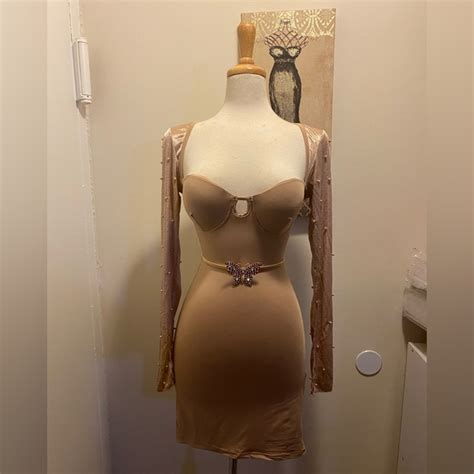 Dresses The Semidetached Beaded Long Sleeve Bodycon Nude Dress Poshmark