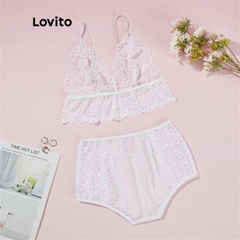 Lovito Sexy Lingerie De Renda E Malha Contrastante Decote Em V ProfundoL Branco Preto