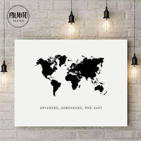 Black world map printable wall art, printable world map poster downloadable large dorm decor
