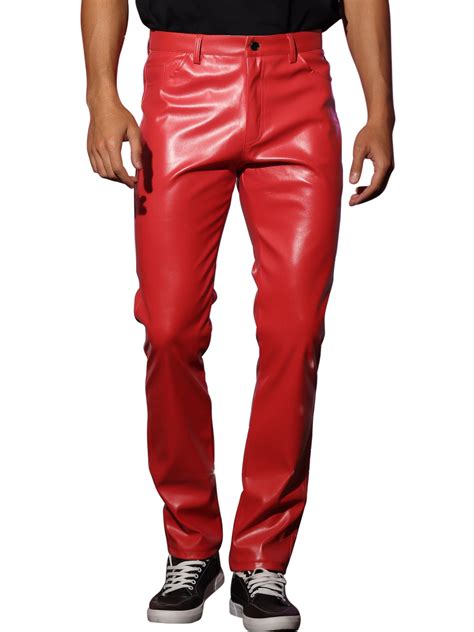 Unique Bargains Mens Faux Leather Pants Slim Fit Solid Nightclub Disco