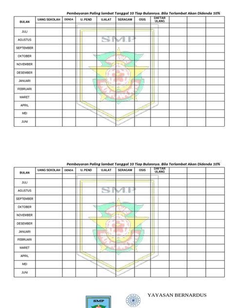 kartu pembayaran uang sekolah smp