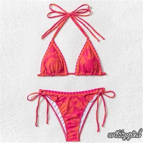 Witty Women Pieces Bikini Swimsuits Print Tie Up Halter Neck Sleeveless Padded Bra Thong