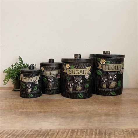 Vintage Owl Canisters You Pick Tea Coffee Sugar Flour Treasure Craft