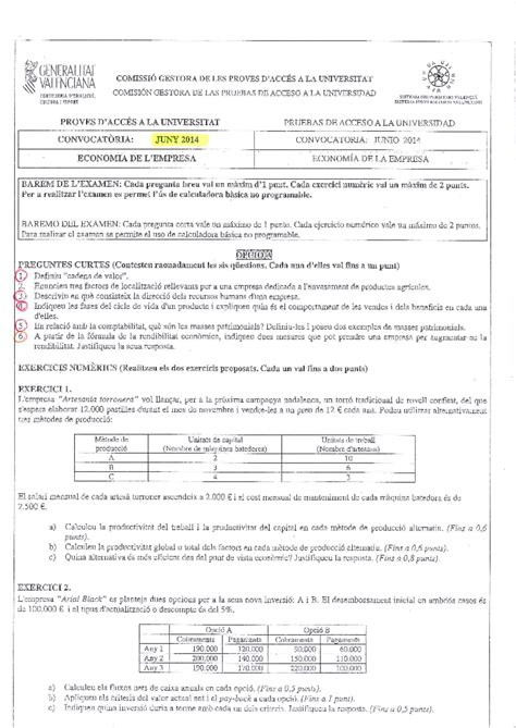Selectivitat juny 2014 Economía de la Empresa Studocu