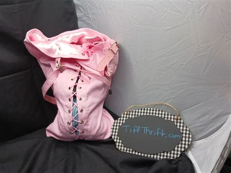 Womens Pink Cute Lace Up Backpack Bag Purse Satin Lined Lingerie Look TiffThrift