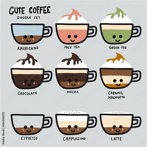 Cute coffee type set doodle style cartoon vector illustration Stock ...