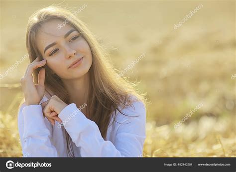 Beautiful Long Hair Brunette Field Summer Wind Healthy Long Hair Stock Photo Xload 482443254