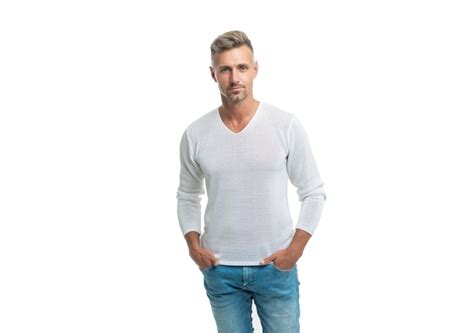 Beau Mec Mature Aux Cheveux Grisonnants Isolé Sur Fond Blanc Beauté