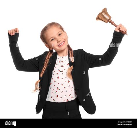 Pupil With School Bell On White Background Stock Photo Alamy