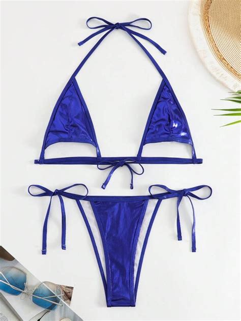 Shein Swim Sxy Ba Ador Bikini De Color Met Lico Halter Tri Ngulo Con Cord N Lateral Moda De