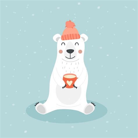 Lindo Oso Polar En Un Gorro Con Una Taza De Chocolate Caliente Vector