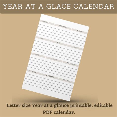 Year at a Glance Printable Calendar, Monthly Printable Editable ...