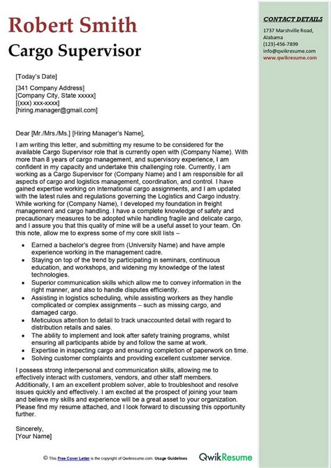 Cargo Supervisor Cover Letter Examples QwikResume