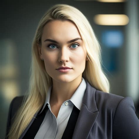 A Blonde Woman In A Grey Suit Is Posing For A Photo Premium AI