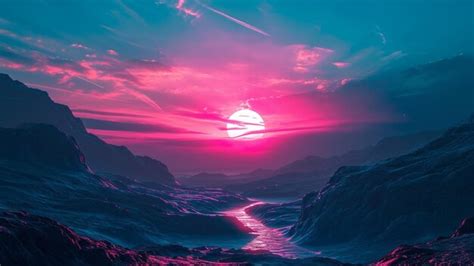 Premium Photo Neon Pink And Electric Blue Futuristic Cyberpunk Sunset