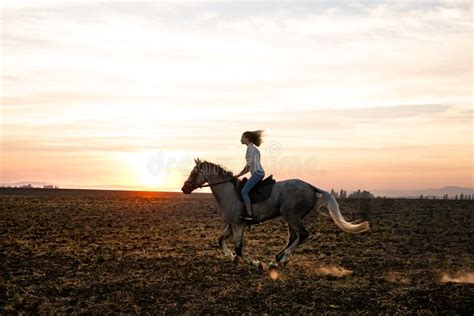 Junge Blonde Mädchen Bei Sonnenuntergang Auf Einem Pferd Auf Dem