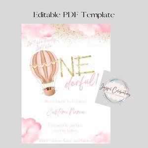 Hot Air Balloon Onederful Invitation 1st Birthday Invitation 1st Birthday Girl Printable