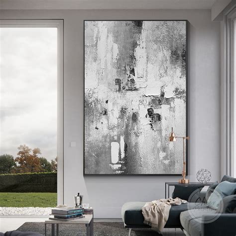 Black White Minimalist Abstract Painting Large Vertical Gray Acrylic