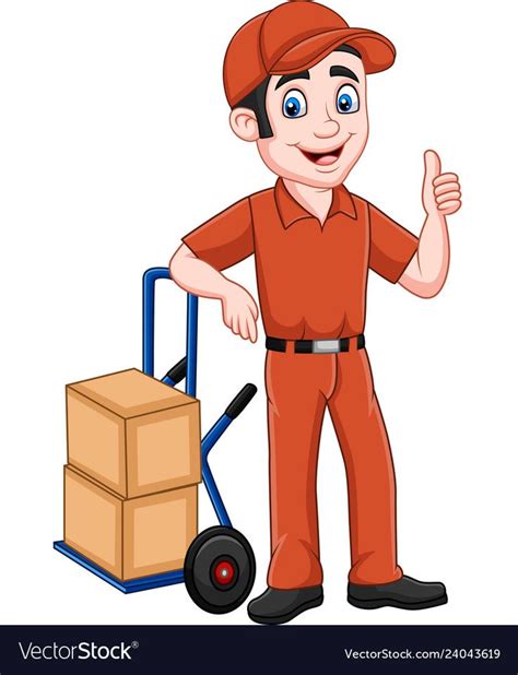 Illustration Of Cartoon Delivery Man Leaning On Packages And Giving A