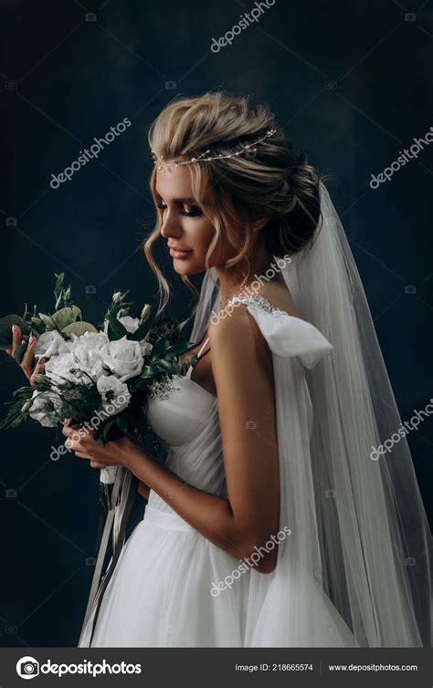 Beautiful Sexy Blonde Bride Posing Wedding Dress Her Husband Stock Photo By Irinanevaa Gmail